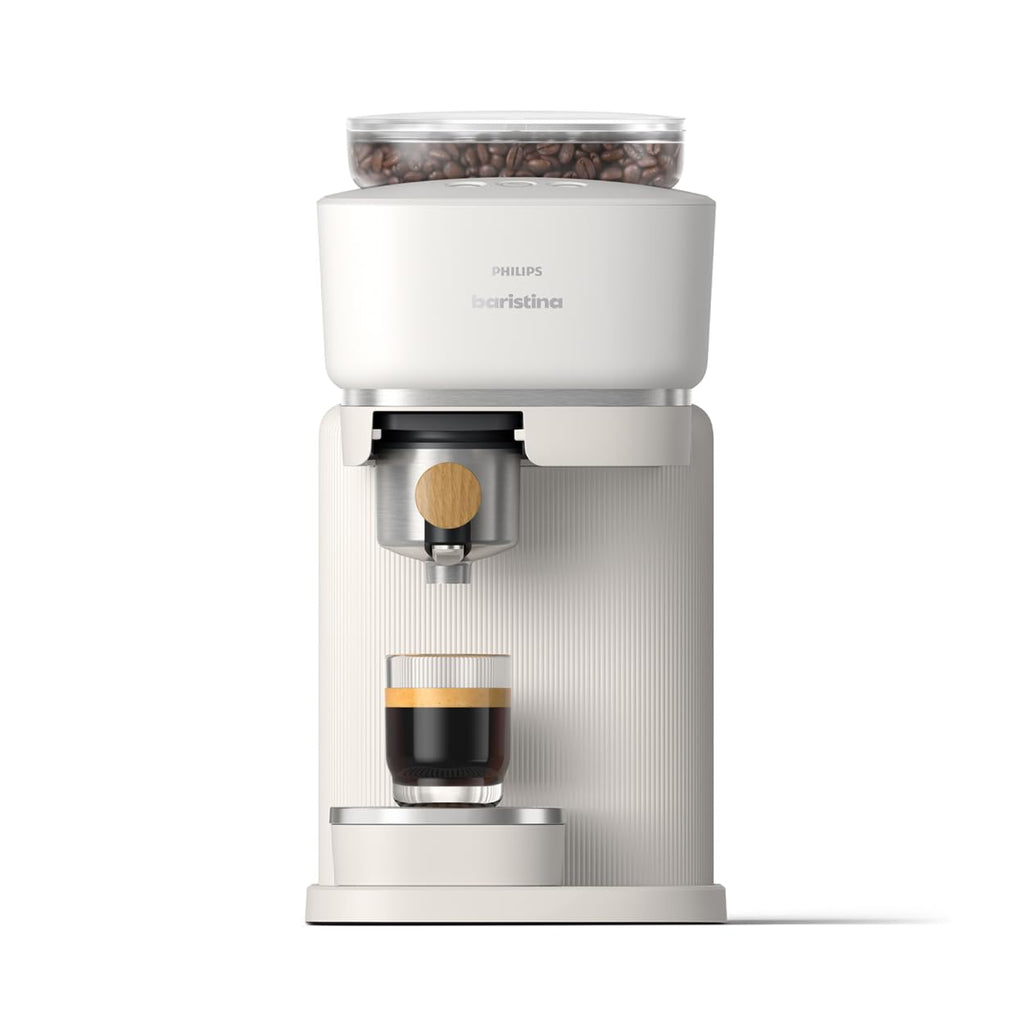 PHILIPS Baristina Espresso Machine, Grind, Tamp & Brew Coffee Beans in One Swipe, Compact, 16 Bar Pump Pressure, Automatic Grinder, Natural White with Ash Wood Portafilter (BAR302/20)