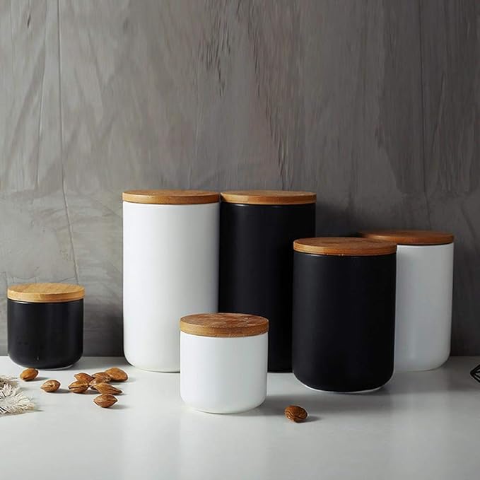 YYW Ceramics Food Storage Jar Canister with Airtight Seal Bamboo Lid, Simple Style Kitchen Canister for Food Storage, Store Coffee, Sugar, Tea, Spices (Black (8.79oz/260ml))