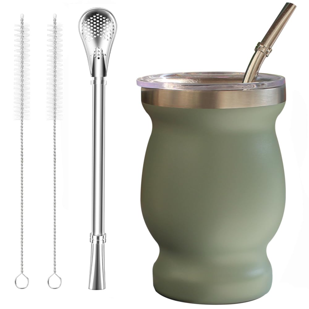 Beruth Bombilla Yerba Mate Gourd, 8oz Stainless Steel Tea Cup Set with a Multifunctional Lid, Two Straws and Cleaning Brushes, Double Walled Coffee Mug Heat Insulation Anti Scalding BR2301 (Brown)
