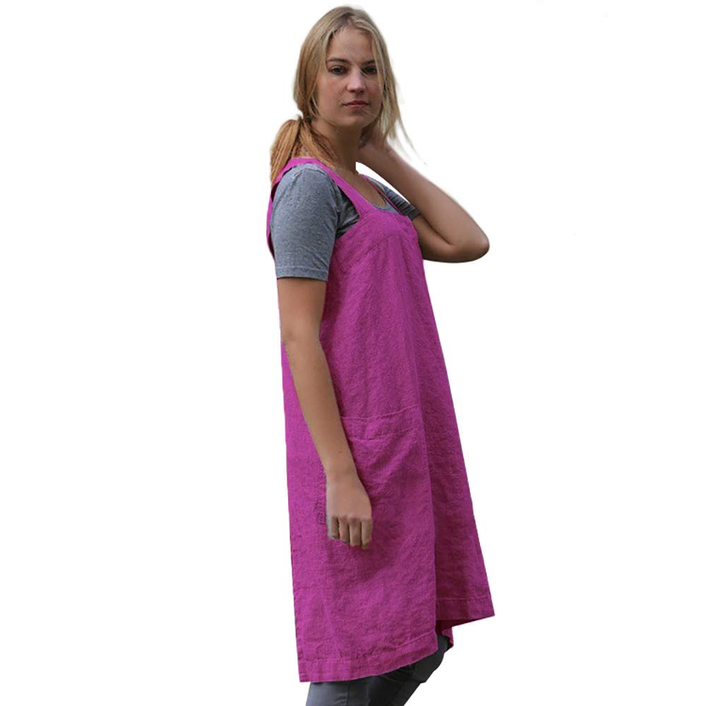 Larmliss Women's Pinafore Square Apron Baking Cooking Gardening Works Cross Back Cotton/Linen Blend Dress with 2 Pockets Purple Red-2XL