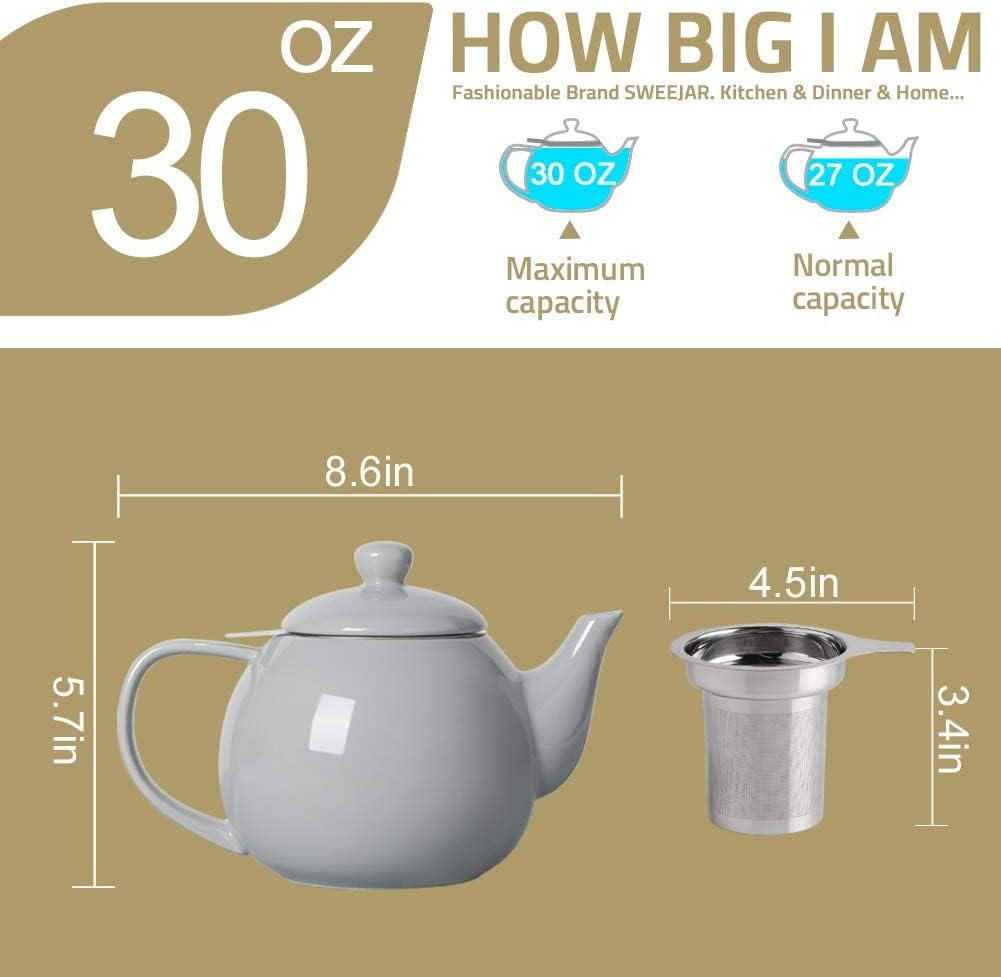 Sweejar Ceramic Tea Pots,30OZ Porcelain Teapot with Infuser（Blue）