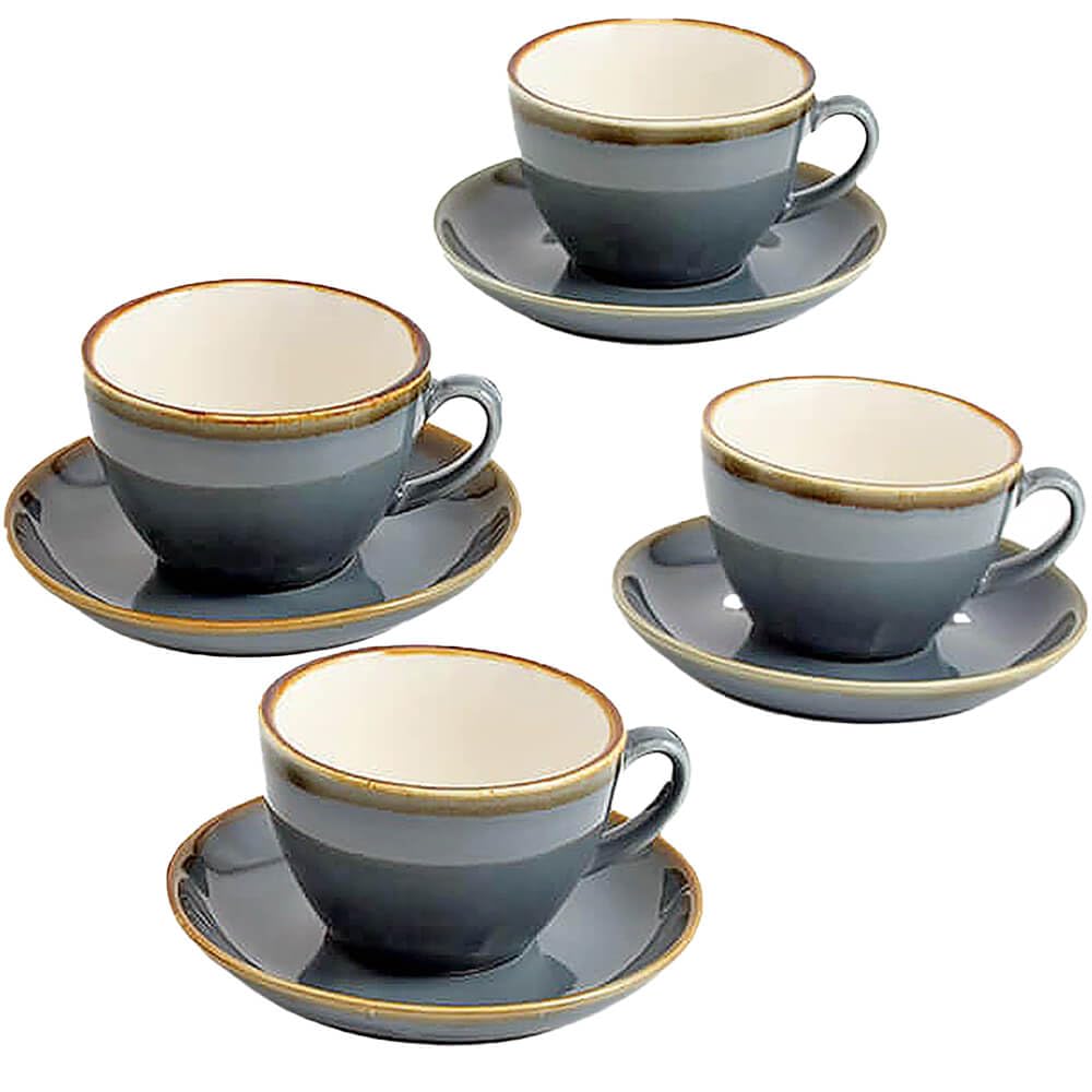 SHUER Ceramic Cappuccino Cup Set of 4, 7.8 OZ Cups and Saucers Set,Coffee Mocha Cup Sets,Black Coffee Cups and Glaze Americano Mugs Great for Party and Low Tea Time (Blue 220ml)