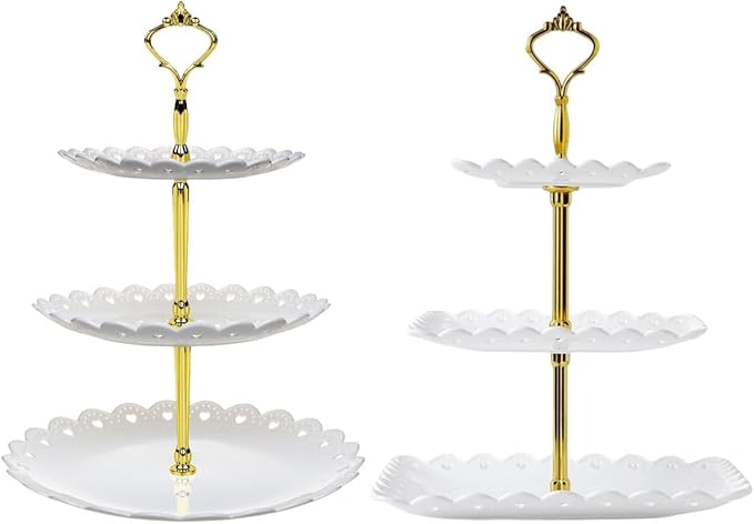 2 Pack of Large Plastic Dessert Stands, 3 Tier Cupcake Stand, 3 Tiered Serving Display Stand Reusable Pastry Dessert Tower Tray/Platter for Tea Party, Baby Shower and Wedding (White)