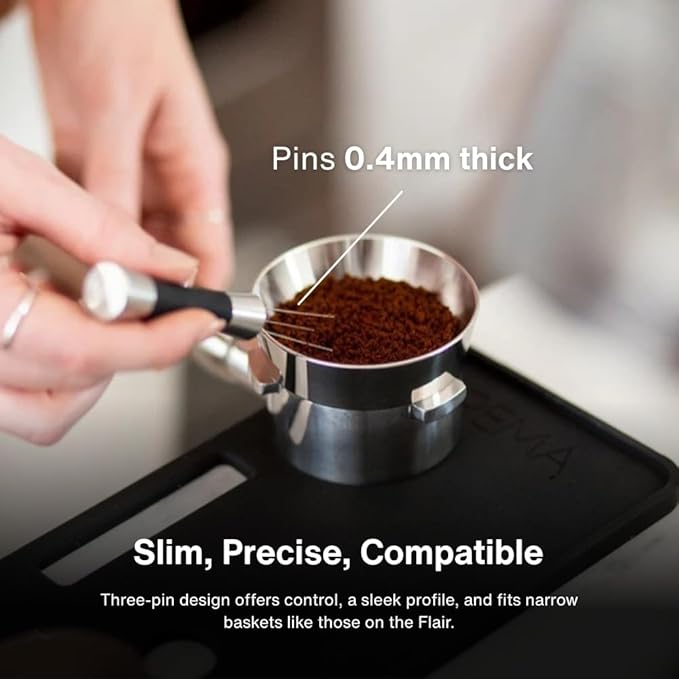 Crema Coffee Products Weiss Distribution Technique (WDT) Tool | Even Coffee Ground Distribution for Better Extraction | Stainless Steel with Silicone Grip | Includes 6 Pins & Storage Vault | Black