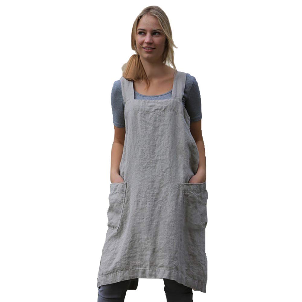 Larmliss Women’s Pinafore Square Apron Baking Cooking Gardening Works Cross Back Cotton/Linen Blend Dress with 2 Pockets Gray