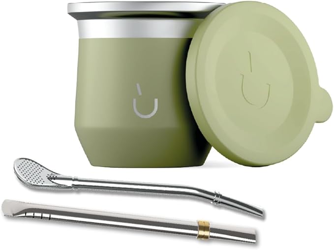 BALIBETOV Yerba Mate Cup – Vacuum Insulated Stainless Steel Gourd with Silicone Cover & Non-Slip Base – Includes 2 Bombillas & Cleaning Brush – Unique Design, Easy to Clean