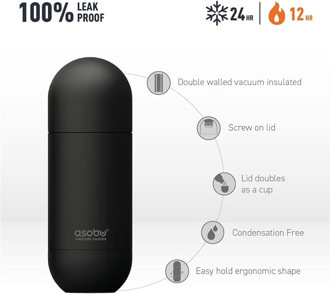 Asobu Orb Stainless Steel Double Wall Insulated Travel Water Bottle – Lid Doubles as a Cup 14 Ounce
