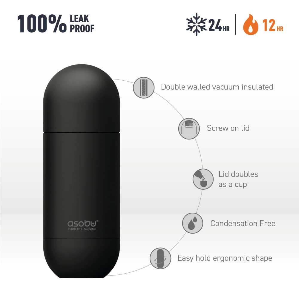 Asobu Orb Stainless Steel Double Wall Insulated Travel Water Bottle – Lid Doubles as a Cup 14 Ounce