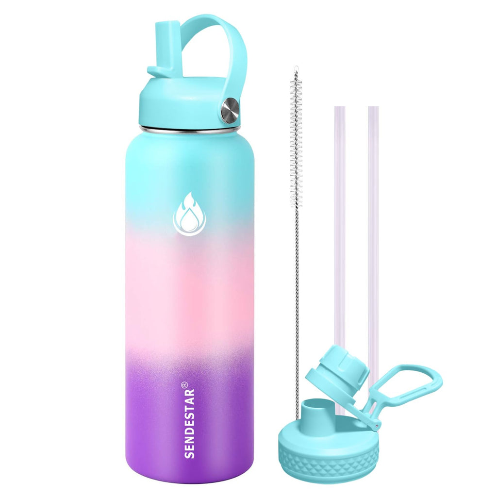 SENDESTAR Water Bottle 40oz Double Wall Vacuum Insulated Leak Proof Stainless Steel Sports Water Bottle—Wide Mouth with New Flex Straw Lid & Spout Lid (Hydrangea)