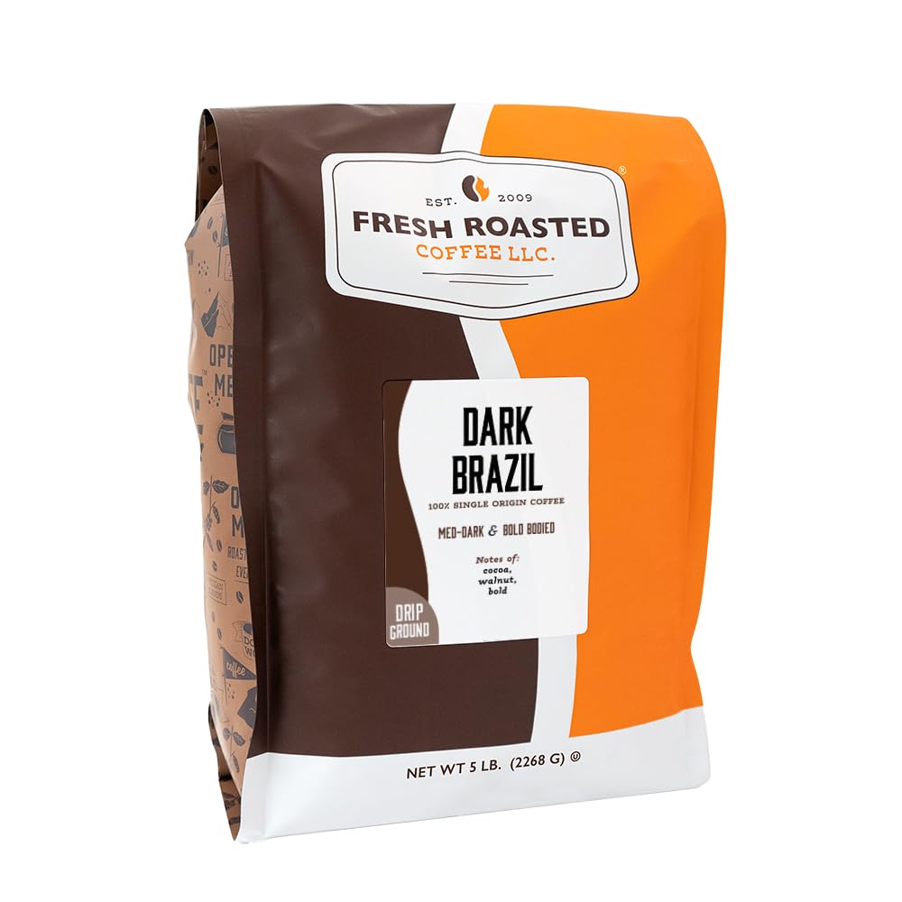 Fresh Roasted Coffee, Dark Brazil Drip Ground Coffee, Med-Dark Roast, Kosher, 5 lb (80 oz)