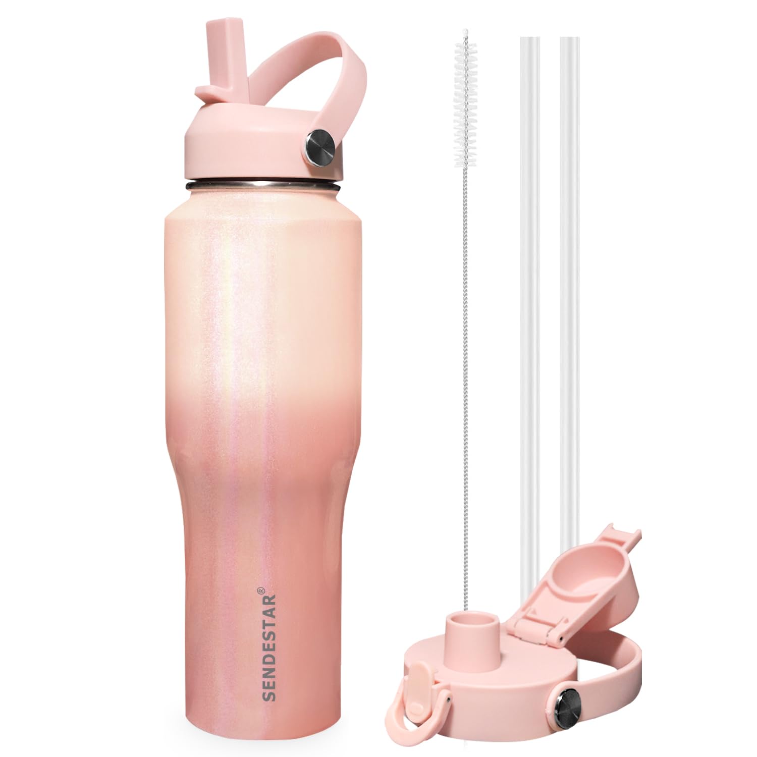 SENDESTAR 40oz Stainless Steel Water Bottle(Cold for 48 Hrs, Hot for 24 Hrs),Double Wall Vacuum Insulated Bottle with Straw Lid, Spout Lid and Flex Cap, Fit in Any Car Cup Holder