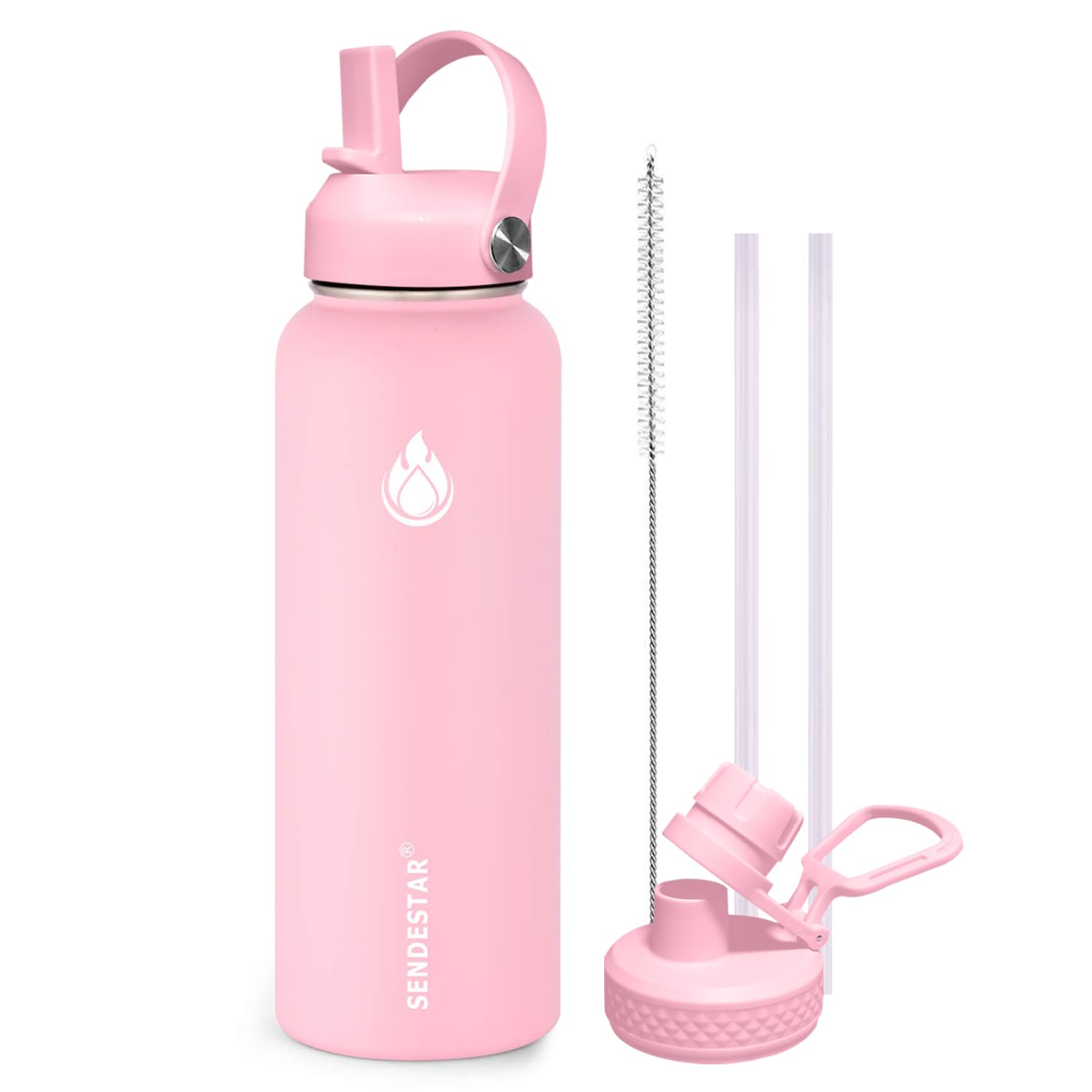 SENDESTAR Stainless Steel Water Bottle, Wide Mouth 40 oz Water Bottle with Straw Lid, Spout Lid, Double Wall Vacuum Insulated Leak Proof, Keeps Liquids Hot or Cold (Peach)
