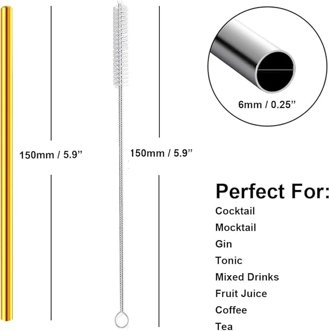 Short Cocktail Straws, Metal Stainless Steel Reusable Small Mini Coffee Stir Drinking Straw for Party Accessories Mason Jar Tumbler Juice Box Tea Coffee Mocktails Mojito Drinks with Brush, Gold 8Pcs
