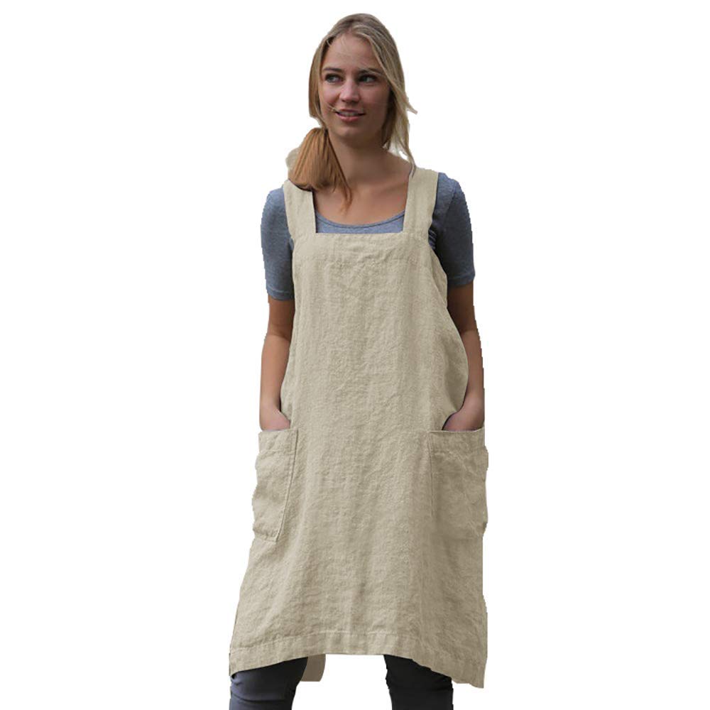 Larmliss Women's Pinafore Square Apron Baking Cooking Gardening Works Cross Back Cotton/Linen Blend Dress with 2 Pockets Apricot-M