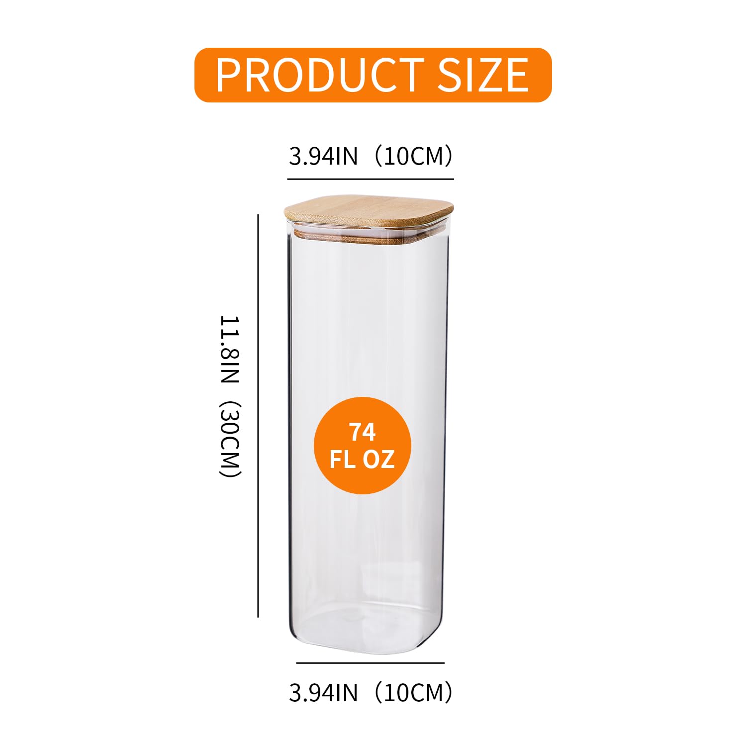 Homtop Glass Jars with Bamboo Lids 3 Pack, 74 Oz Airtight Square Storage Container, High Borosilicate Glass Kitchen Canisters for Soild food, Nuts/Cookies/Sugar/Pasta