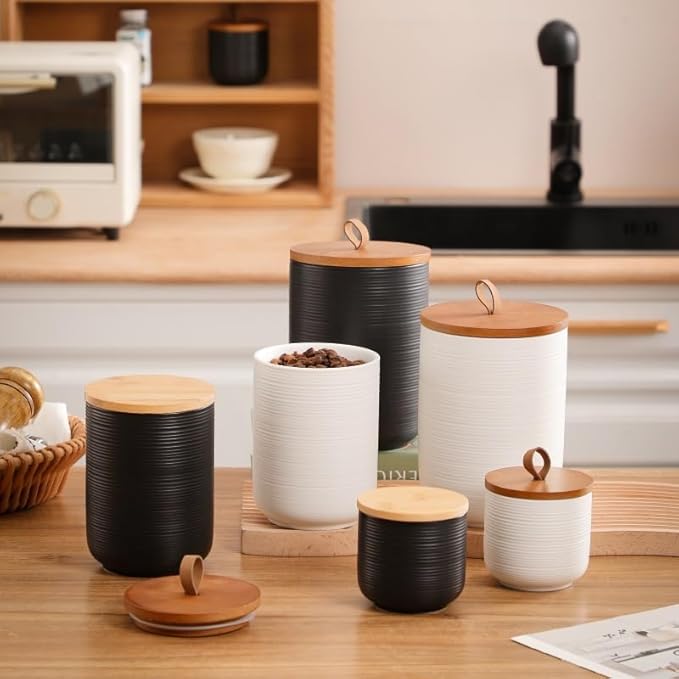 Food Storage Jar Strong Ceramic Storage Canisters with Airtight Wooden Lid,Kitchen Storage Containers for Serving Coffee Beans, Tea, Sugar, Salt, Spices (Little black)