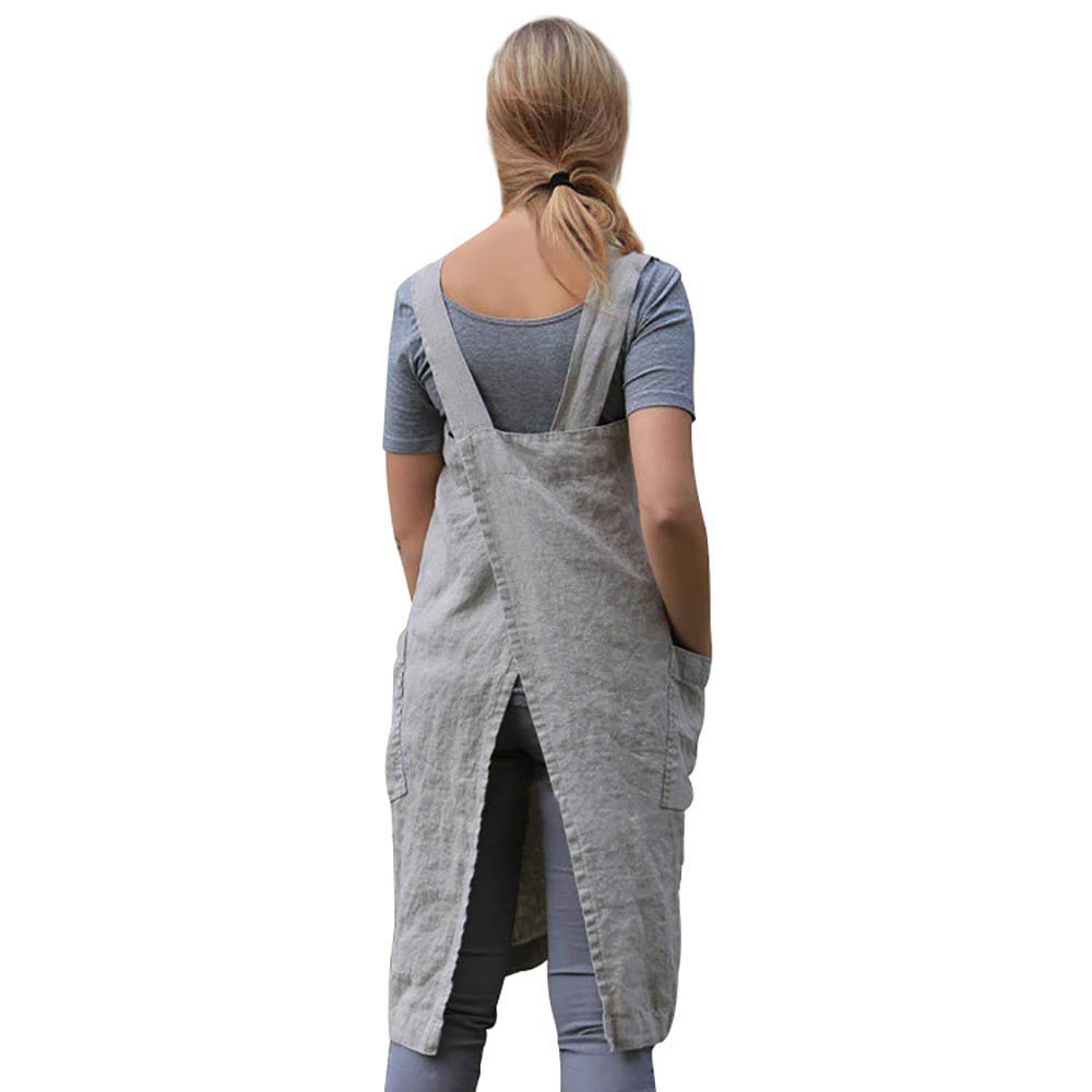 Larmliss Women’s Pinafore Square Apron Baking Cooking Gardening Works Cross Back Cotton/Linen Blend Dress with 2 Pockets Gray
