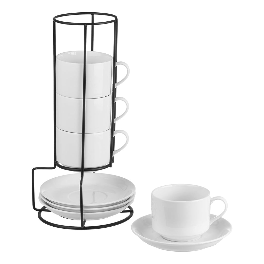 YOLIFE 8oz Porcelain Stackable Cappuccino Cups with Saucers and Metal Stand Set of 4, Coffee cups for Espresso, Specialty Coffee Drinks, Latte, Americano and Tea - White