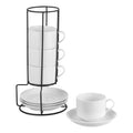 YOLIFE 8oz Porcelain Stackable Cappuccino Cups with Saucers and Metal Stand Set of 4, Coffee cups for Espresso, Specialty Coffee Drinks, Latte, Americano and Tea - White