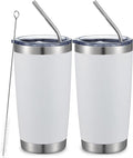 COMOOO 20oz Double Wall Vacuum Insulated Travel Mug, Stainless Steel Tumbler with Lid and Straw Durable Powder Coated Insulated Coffee Cup for Cold & Hot Drinks (White. 2 pack