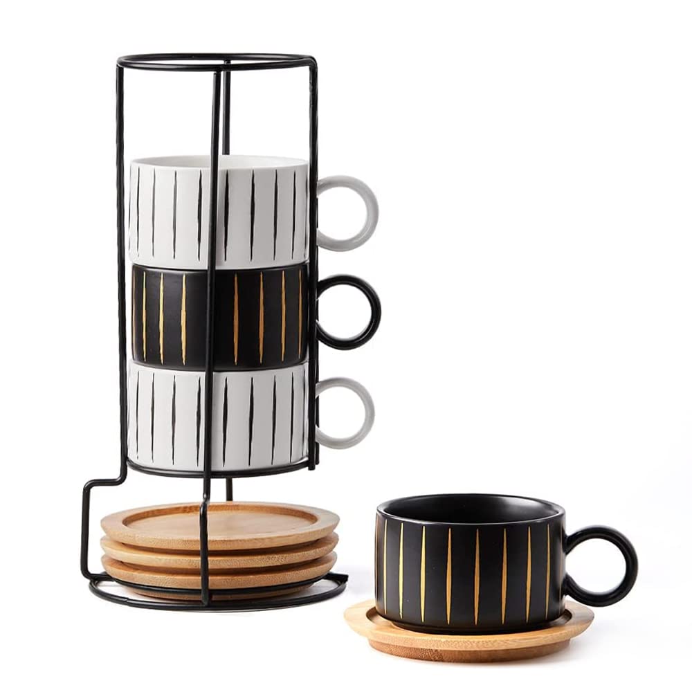 LUKA Porcelain Espresso Cup with Metal Stand,6 Ounce Stackable Ceramic Demitasse Espresso Mugs Cappuccino Cups Set for Latte,Coffee,Cafe Mocha,Tea - Set of 4 (Plaid Red & Gray)