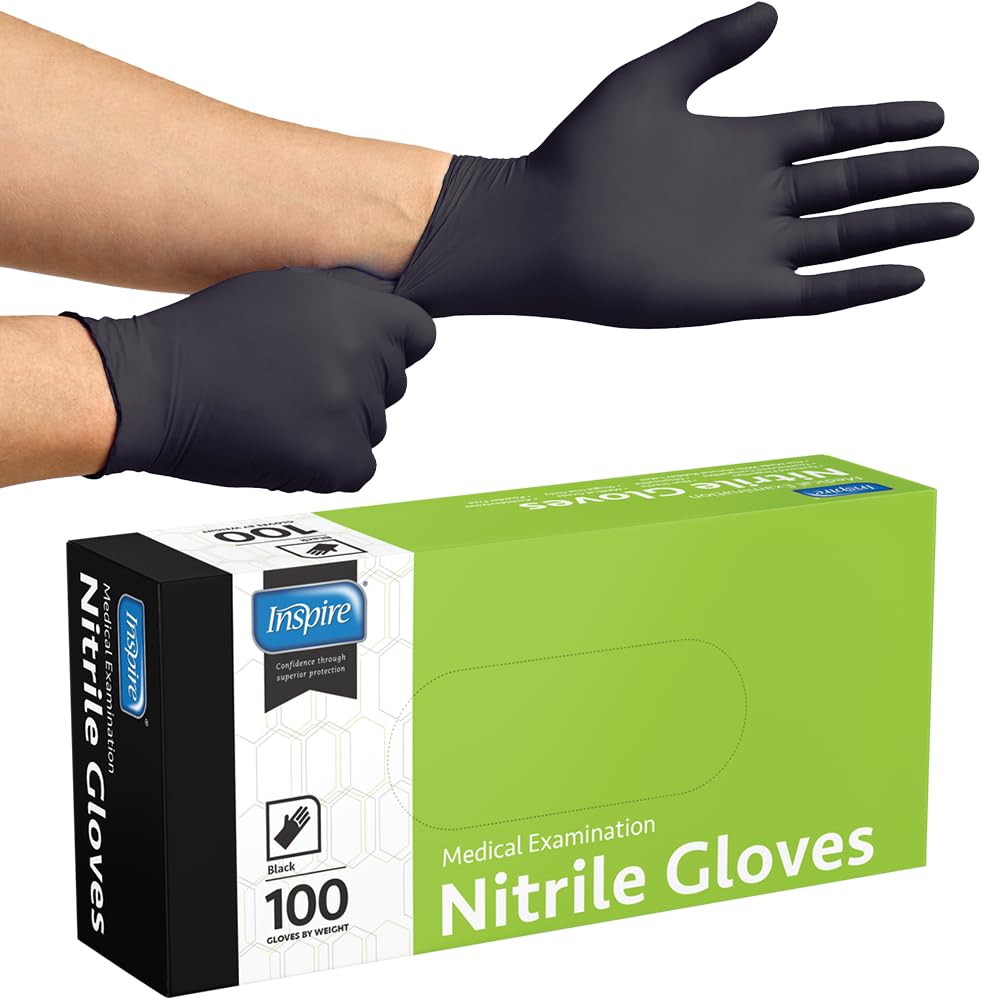 Inspire Black Nitrile Gloves | THE ORIGINAL Quality Black Gloves Disposable Latex Free | 4.5 Medical examination (Nitrile, Medium)