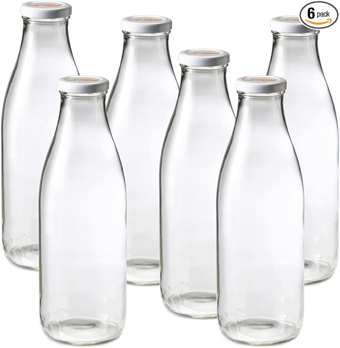 Le Parfait Bottles French Glass Milk Bottle with 48mm Printed Logo Airtight Metal Twist Cap | Used for Smoothie, Water Bottle, Preserved Tomato Sauce & other Soups| 32oz (Pack of 6) 1 Liter