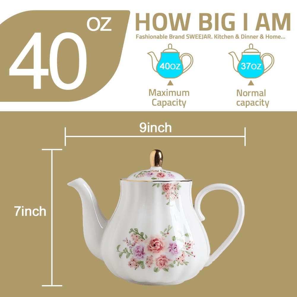 Sweejar 40FLOZ Royal Teapot with Infuser,Porcelain Tea Pot(Rose)