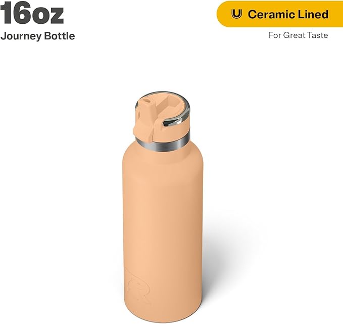RTIC 16oz Journey Bottle Metal Stainless Steel Vacuum Insulated, BPA Free, Reusable, for Water, Hot and Cold Drinks, Travel, Sports, Camping, Peach Tea