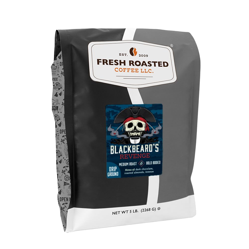 Fresh Roasted Coffee, Blackbeard's Revenge Drip Ground Coffee, Medium Roast, Kosher, 5 lb (80 oz)