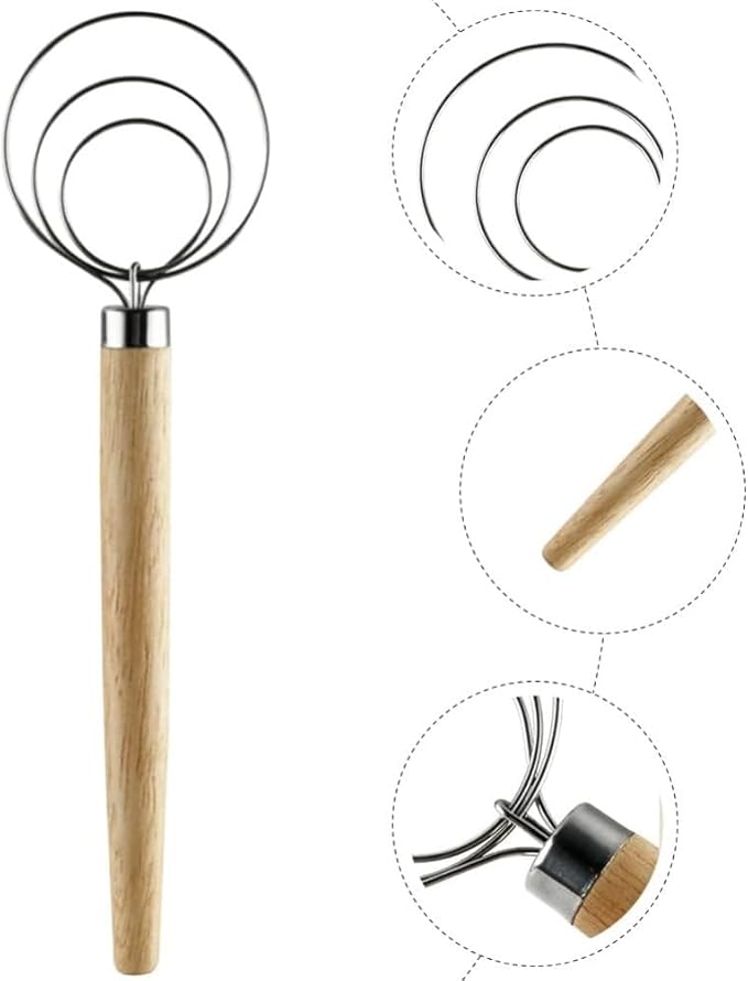 Danish Dough Whisk with Dough Scraper 10" Dutch Bread Whisk Bread Mixer Stainless Steel Dutch Bread Dough Whisk with Wooden Handle Dutch Whisk Baking Tools for Sourdough, Pizza, Pastry, Cake