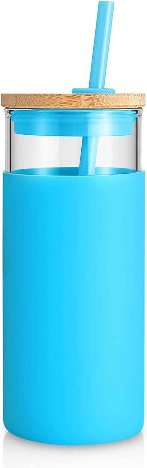 Tronco 20 oz Glass Tumbler with Straw and Lid- Glass Cup with Lid and Straw, Iced Coffee Cup Reusable, Smoothie Cups, Bamboo Lid and Protective Silicone Sleeve - BPA-Free