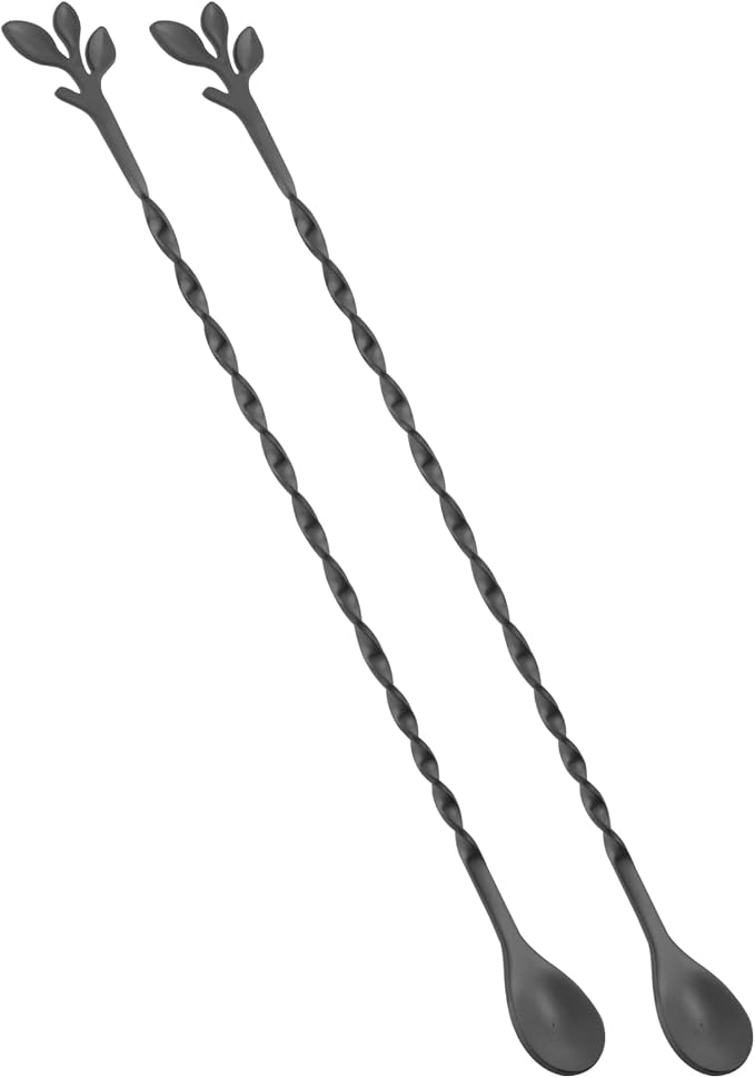 AnSaw Black 10-Inch Stainless Steel Cocktail Spoon with Leaf Handle - Perfect for Mixing & Layering Drinks in Tall Cups, Bar & Shakers - Durable Long Handle Bar Stirrer,2-Pieces