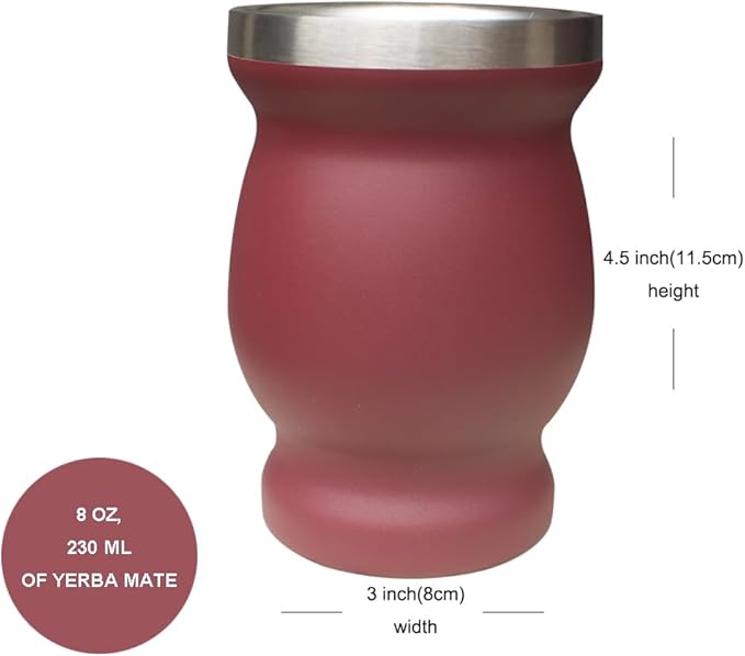 Beruth Bombilla Yerba Mate Gourd, 8oz Stainless Steel Tea Cup Set with a Multifunctional Lid, Two Straws and Cleaning Brushes, Double Walled Coffee Mug Heat Insulation Anti Scalding (Burgundy)