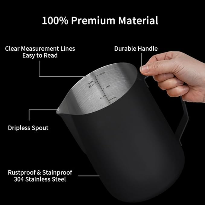 watchget Milk Frothing Pitcher 50oz/1500ml - Stainless Steel Espresso Steaming Pitcher for Cappuccino, Latte Art, Coffee Machine Accessories Milk Jug Frother Cup, Black