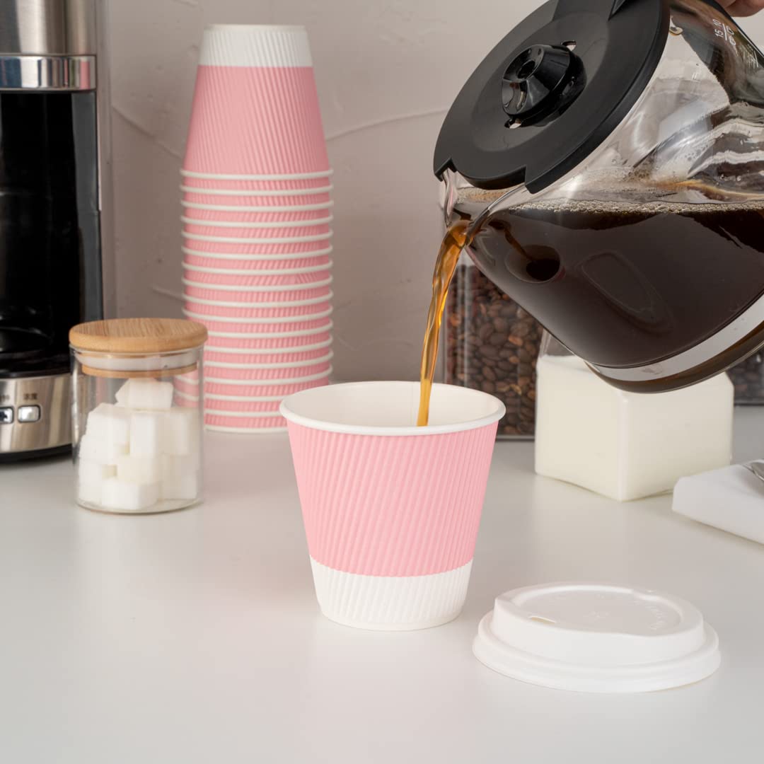 Restaurantware Ripple Wall Coffee Cups 25 Count 8 Ounce Insulated Light Pink Paper Cups, Rolled Rim Spill-Resistant Disposable Paper Non-Slip for Coffee, Beverages