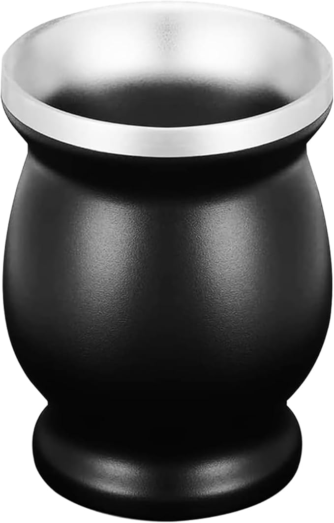 LA FEE Yerba Mate Natural Gourd/Tea Cup Set Brown (Original Traditional Mate Cup - 8 Ounces)，Includes Yerba Mate Straw & Cleaning Brush，Stainless Steel | Double-Walled | Easy to Clean (Black)