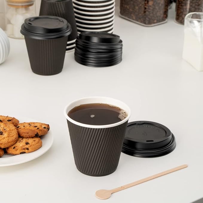 Restaurantware 8 Ounce Disposable Cups Pack of 25 Double Wall Hot Cups–Lids Sold Separately, Designed with a Rippled Wall and Black Paper Insulation, Ideal for Coffee, Hot Chocolate, and Tea