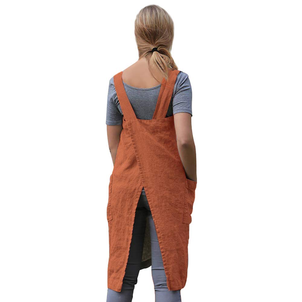 Larmliss Women's Pinafore Square Apron Baking Cooking Gardening Works Cross Back Cotton/Linen Blend Dress with 2 Pockets Orange-XL