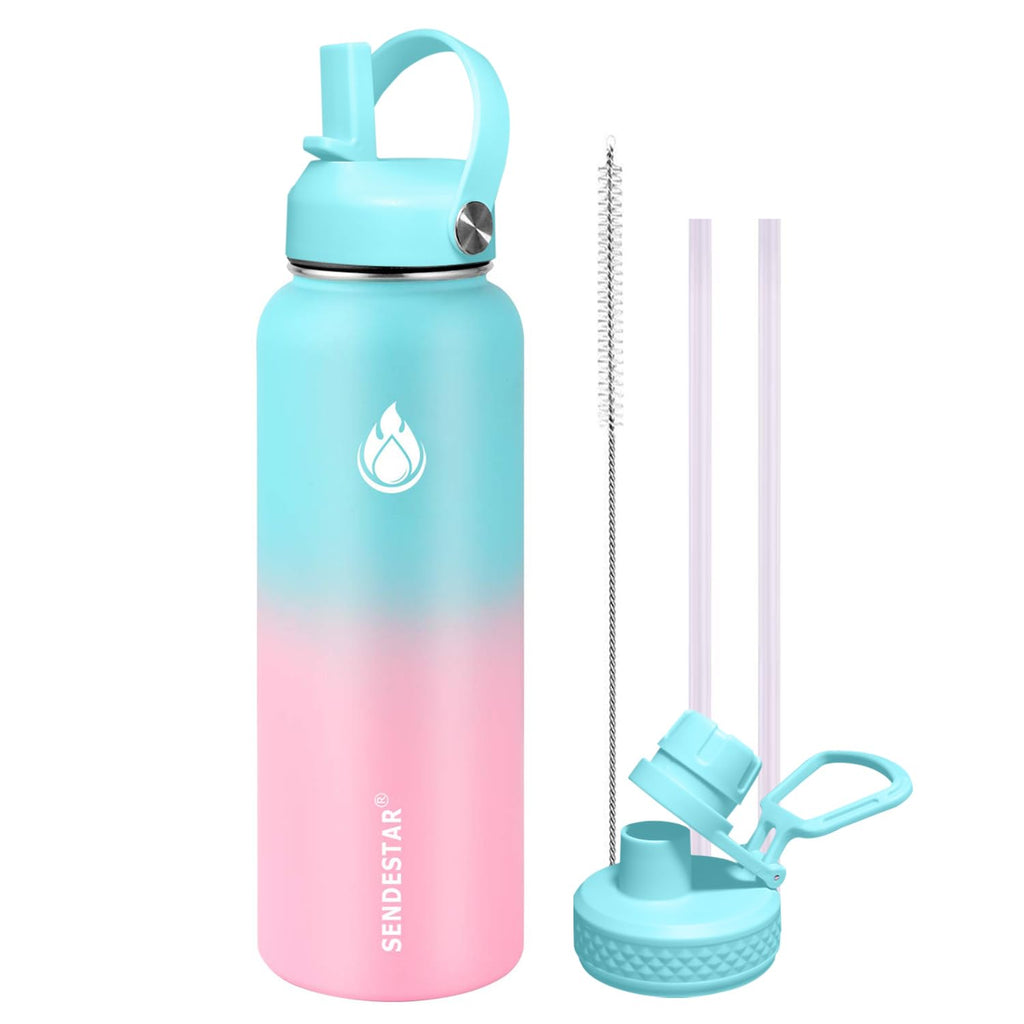 SENDESTAR Water Bottle 40oz Double Wall Vacuum Insulated Leak Proof Stainless Steel Sports Water Bottle—Wide Mouth with New Flex Straw Lid & Spout Lid (Bubble Gum)