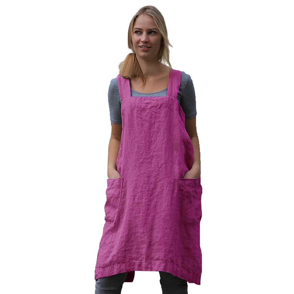 Larmliss Women's Pinafore Square Apron Baking Cooking Gardening Works Cross Back Cotton/Linen Blend Dress with 2 Pockets Purple Red-2XL