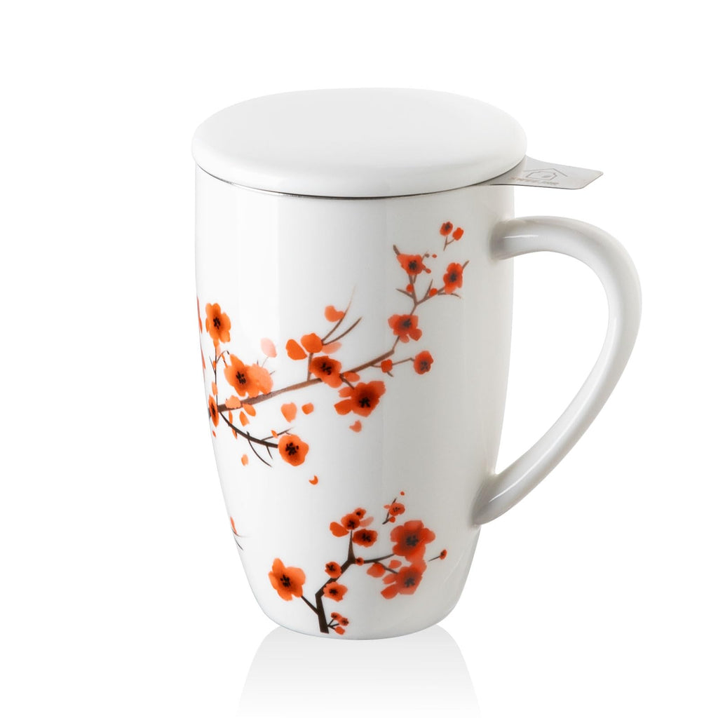 Sweejar Porcelain Tea Mug with Infuser and Lid,Teaware with Filter, Loose Leaf Tea Cup Steeper Maker, 16 Fl Oz for Tea/Coffee/Milk/Women/Office/Home/Gift (Plum Blossom)