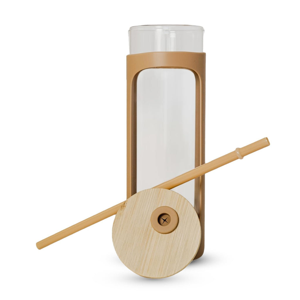 haelo 20oz Glass Tumbler Water Bottle, Iced Coffee Cup with Straw, Silicone Protective Sleeve, Bamboo Lid Reusable BPA Free (Amber)