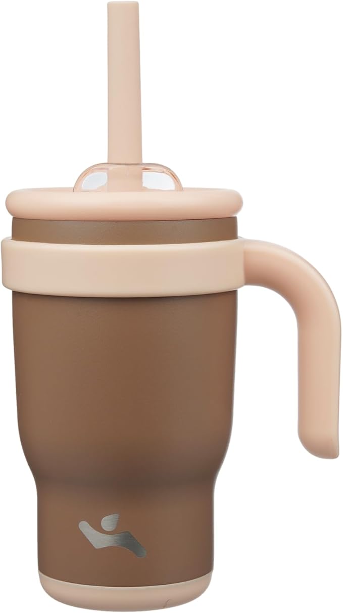14 oz Tumbler with Side Handle, Insulated Water Bottle with Straw and 2 in 1 Lid, Stainless Steel Cup Travel Coffee Mug for Sports Office Gym,Brown