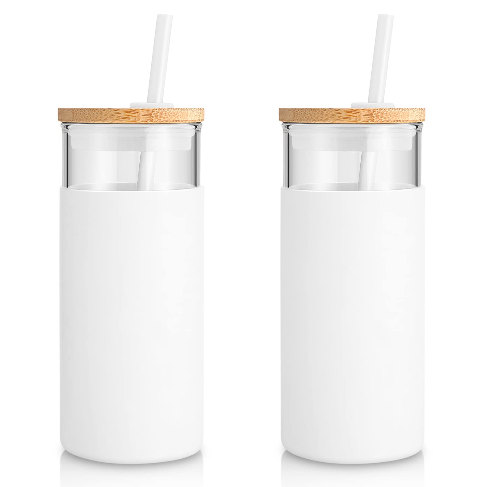 Tronco 20 oz Glass Tumbler with Lid and Straw, Iced Coffee Cup and Smoothie Cup with Bamboo Lids & Protective Silicone Sleeve, Dishwasher Safe, BPA-Free, Glass Cup 2 Pack