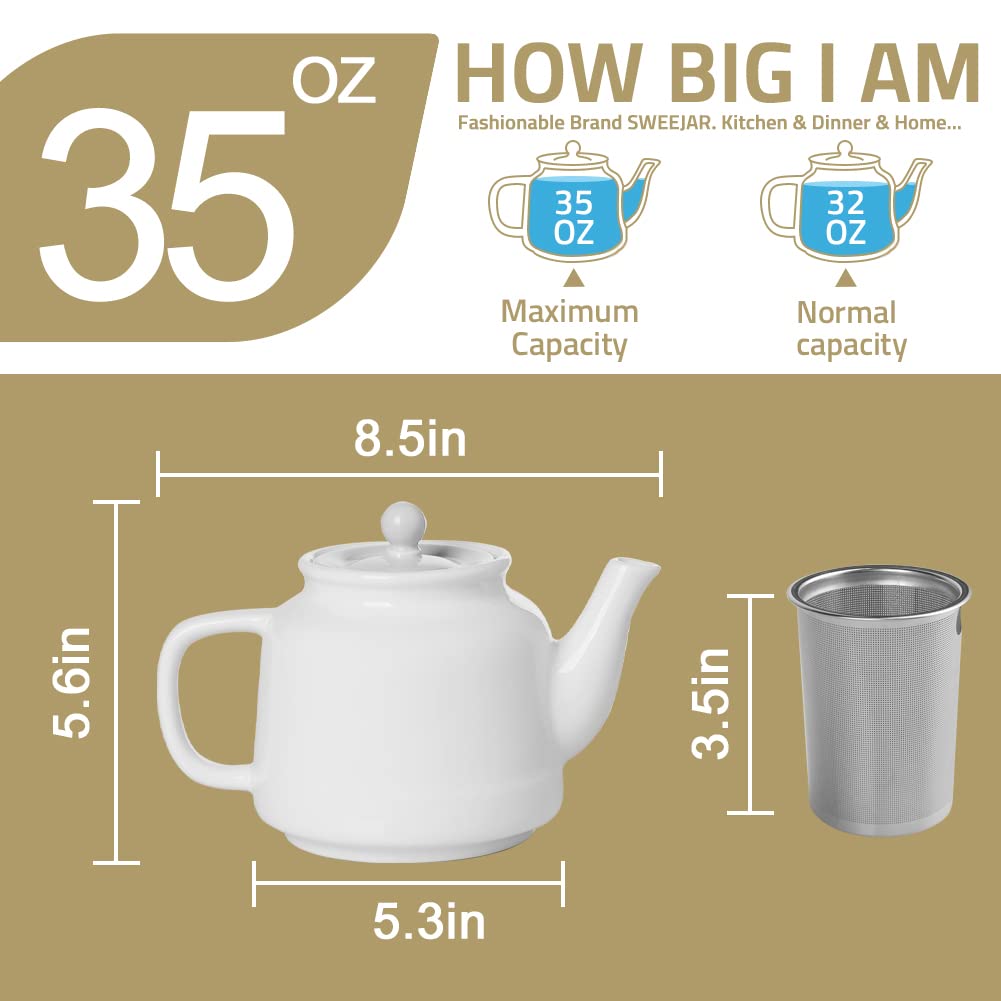 Sweejar 35 oz Porcelain Tea Pot, Teapot with Removable 18/8 Stainless Steel Infuser, Microwave & Dishwasher Safe Tea Maker, Tea Infuser Pots for Blooming loose Leaf Tea,Chrismas Women Gift(White)