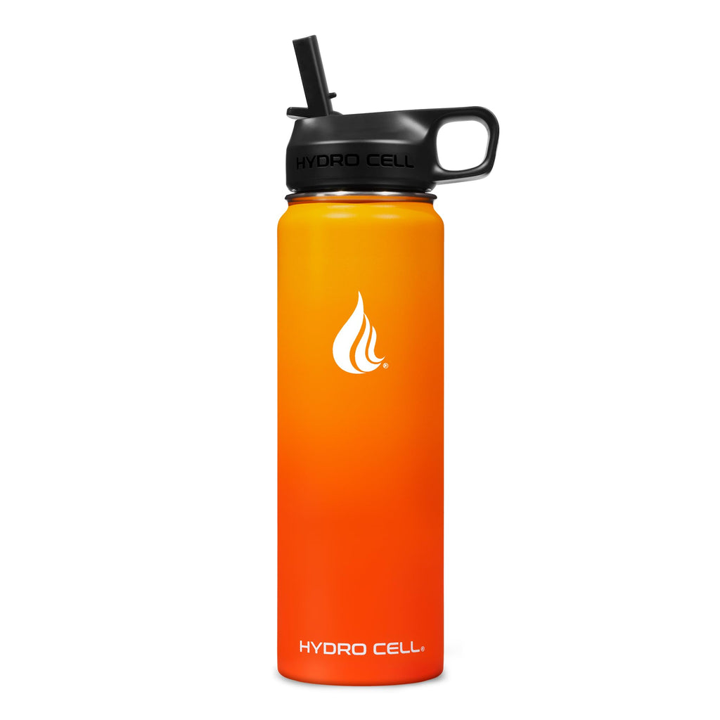 HYDRO CELL Stainless Steel Insulated Water Bottle with Straw - For Cold & Hot Drinks - Metal Vacuum Flask with Screw Cap and Modern Leakproof Sport Thermos for Adults (Red/Orange 24oz)