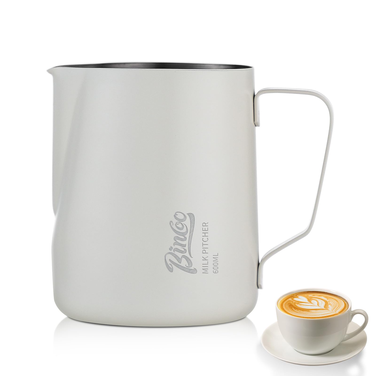 Milk Frothing Pitcher - 600ml/20oz Milk Frother Cup Espresso Steaming Pitcher for Barista, Bincoo SUS304 Stainless Steel Espresso Steaming Pitchers for Latte Art/Cappuccino/Coffee/Milk (White-600ml)
