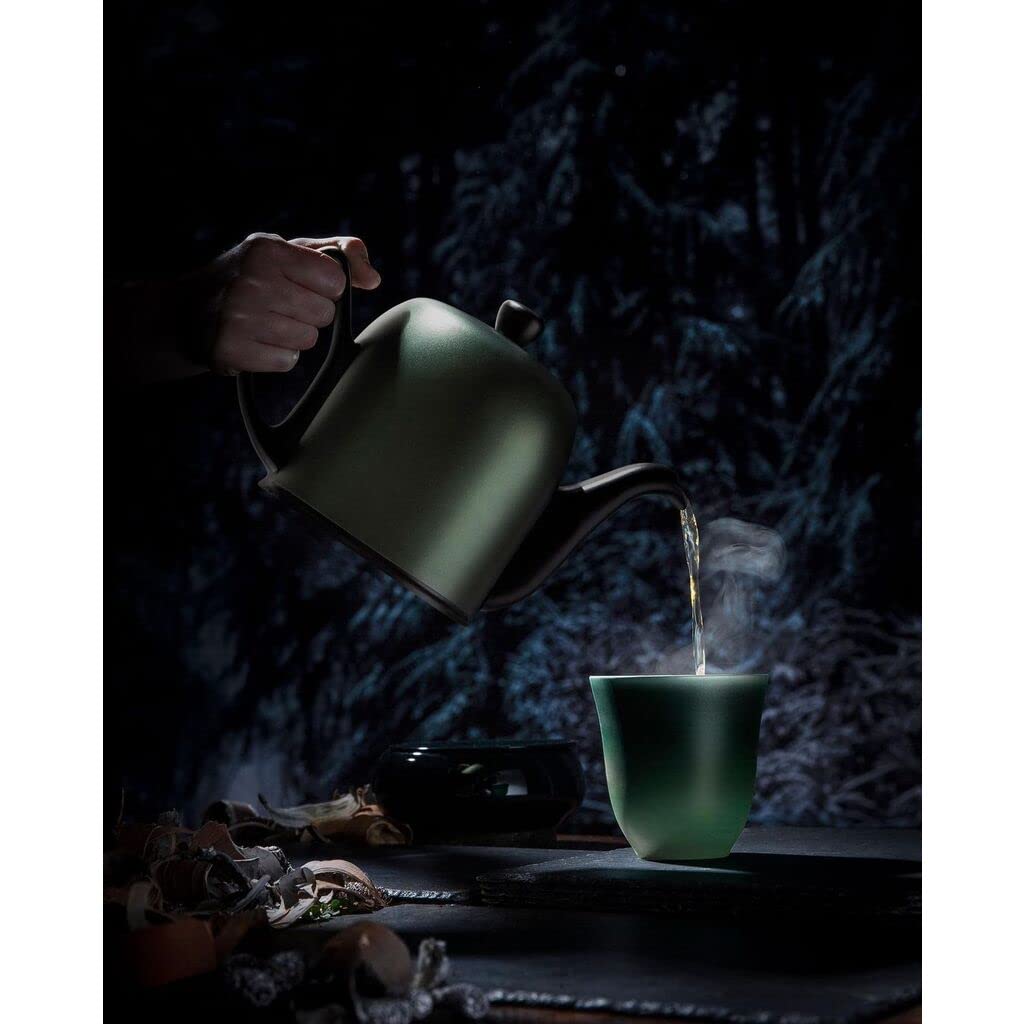 Degrenne Salam Luxury French Tea Pot - Porcelain Teapot with Emerald Aluminum Cover, Ceramic Tea Kettle for Loose Tea, Removable Infuser, 6 Cup Capacity, 36oz - Black