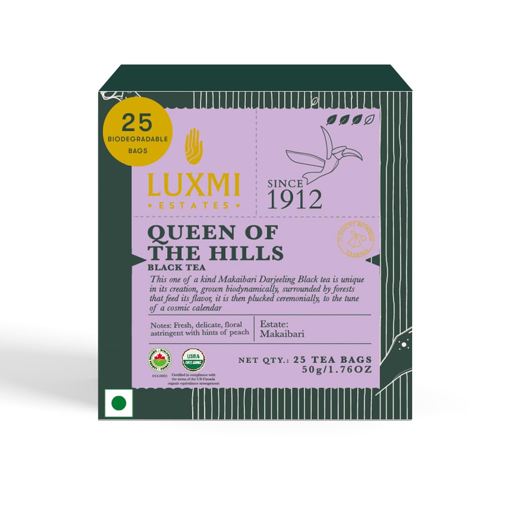 Luxmi Estates Queen of the Hills Organic Black Tea (50 Tea Bags) Caffeinated Tea Bags For A Morning Boost and Natural Energy, With Certified Organic Darjeeling Makaibari Black Tea